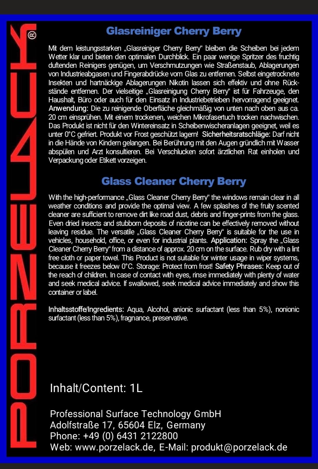 PORZELACK Glasreiniger Cherry Berry 81 Produktetikett mit Anwendungshinweisen