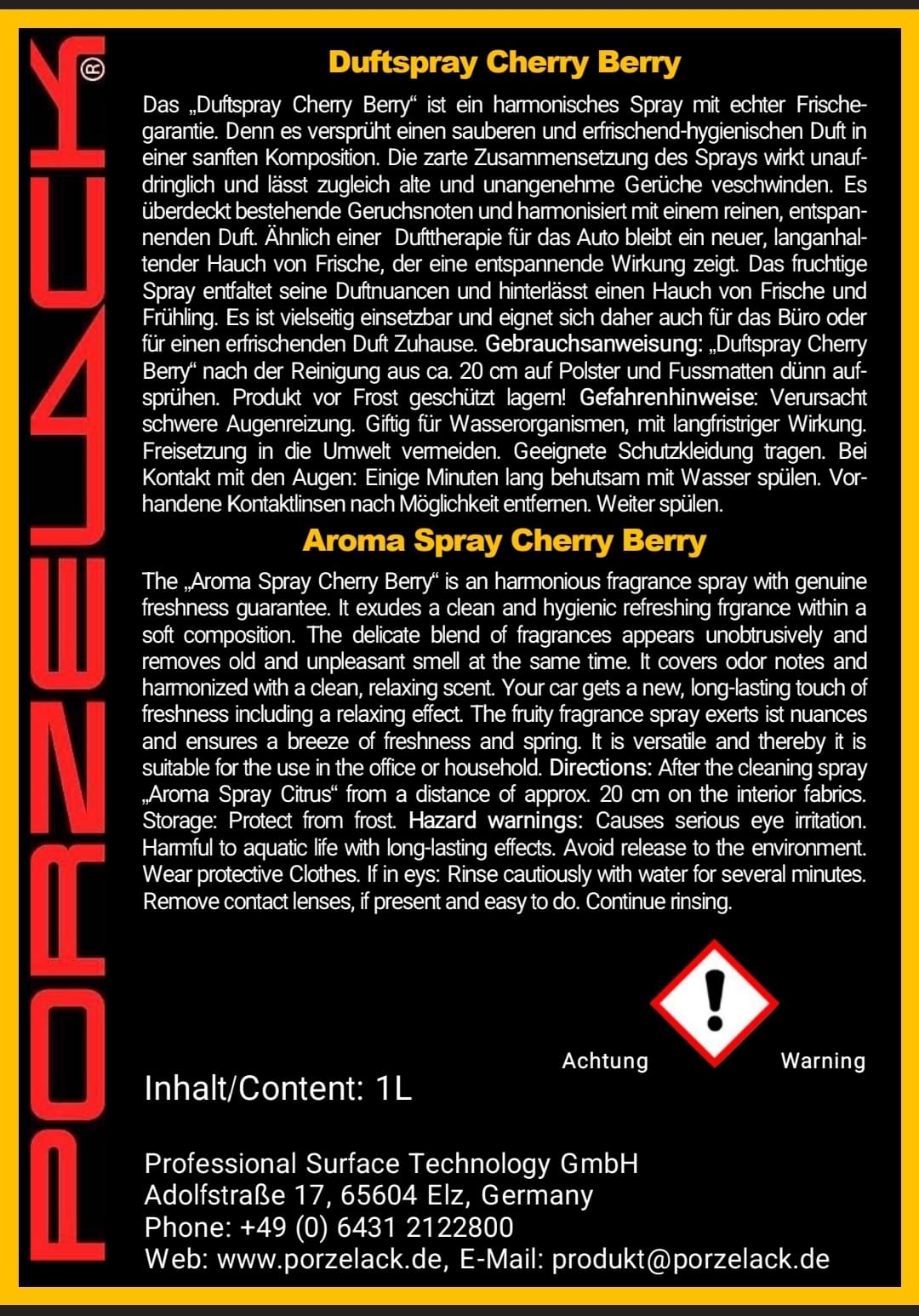 PORZELACK Duftspray Cherry Berry Produktetikett mit Anwendungshinweisen