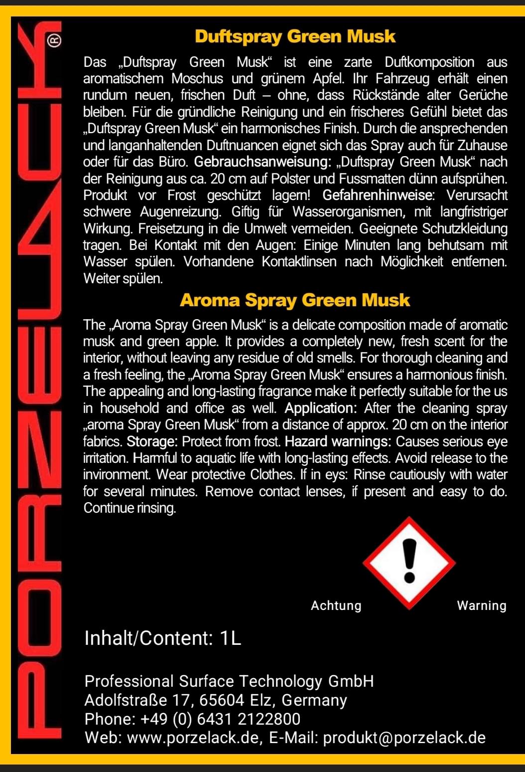 PORZELACK Duftspray Green Musk Produktetikett mit Anwendungshinweisen