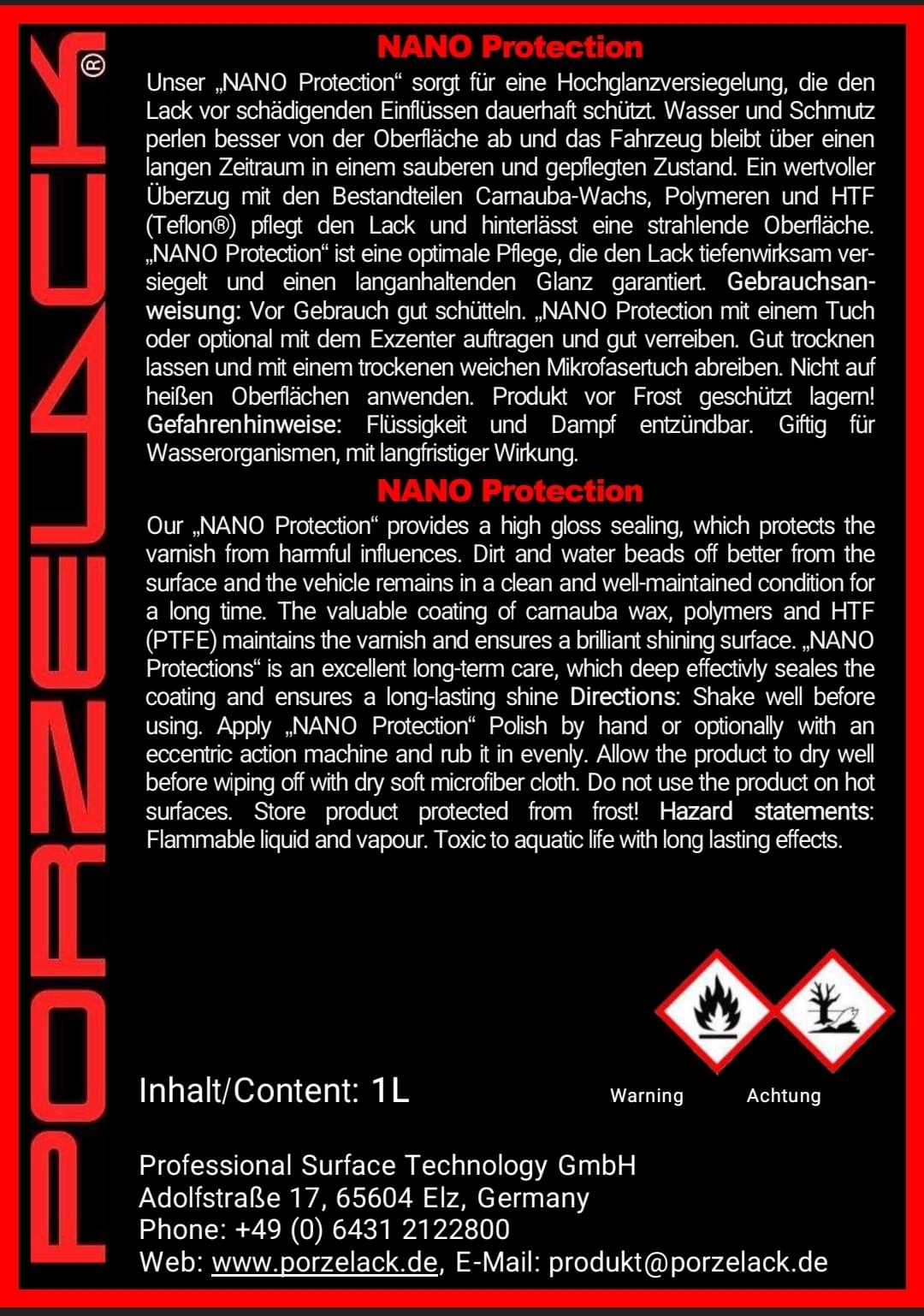 PORZELACK Nano Protection Produktetikett mit Anwendungshinweisen
