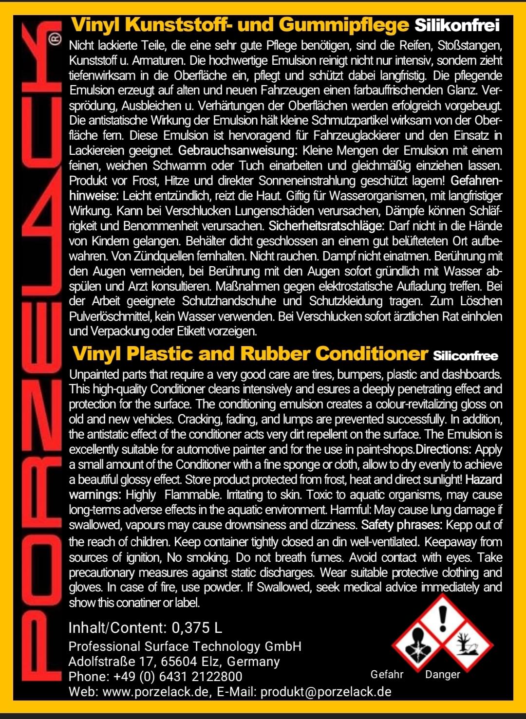 PORZELACK Vinyl Kunststoff- & Gummipflege silikonfrei Produktetikett mit Anwendungshinweisen