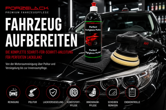 Fahrzeug aufbereiten Schritt für Schritt – PORZELACK Perfect Hochglanz Polish mit Poliermaschine auf schwarzem Fahrzeug, Anleitung zur professionellen Lackaufbereitung.
