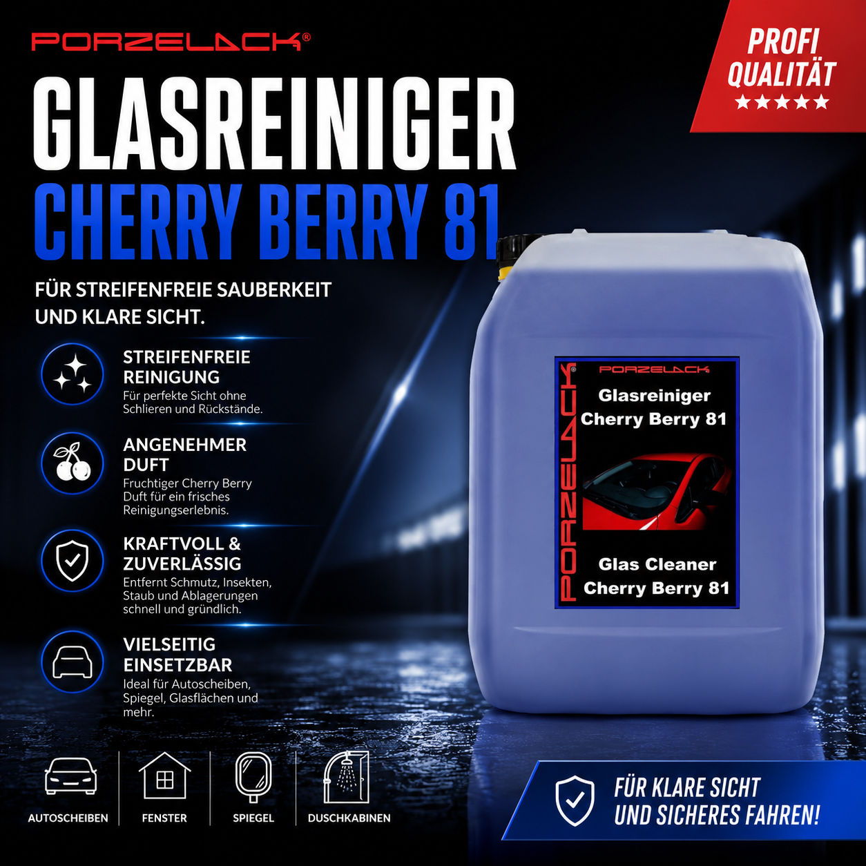 PORZELACK Glasreiniger Cherry Berry 81 mit Cherry-Berry-Duft für Fahrzeugpflege
