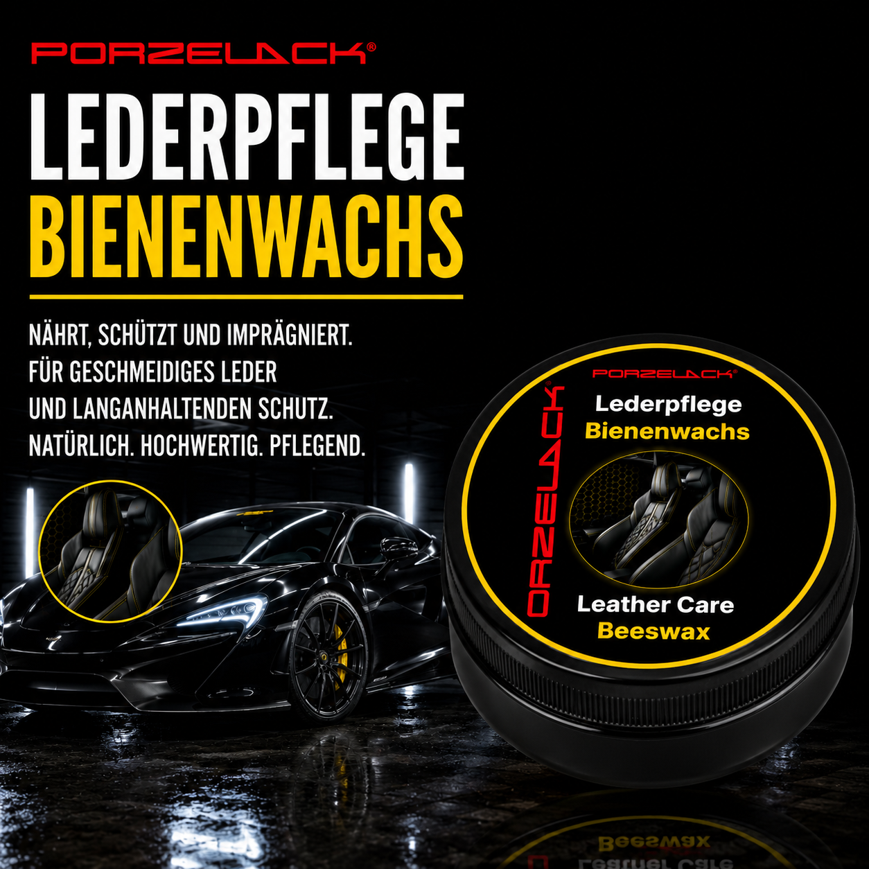 PORZELACK Lederpflege mit Bienenwachs Etikett und Produktinformationen