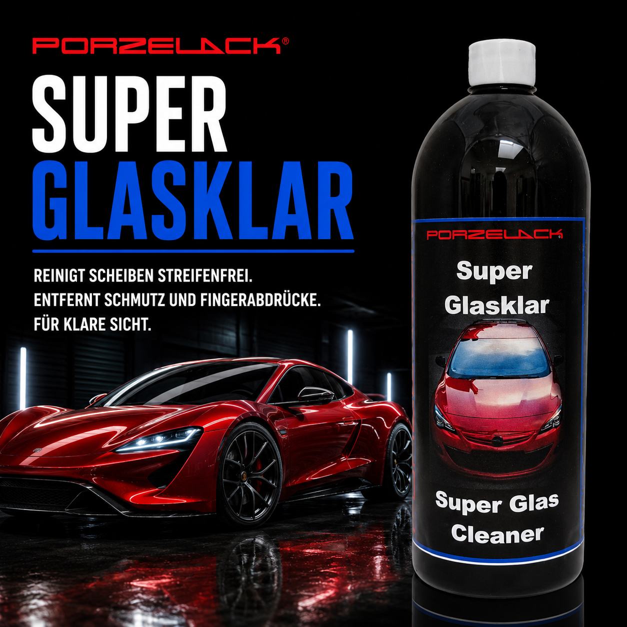 PORZELACK Super Glasklar Glasreiniger für Autopflege und streifenfreie Scheiben
